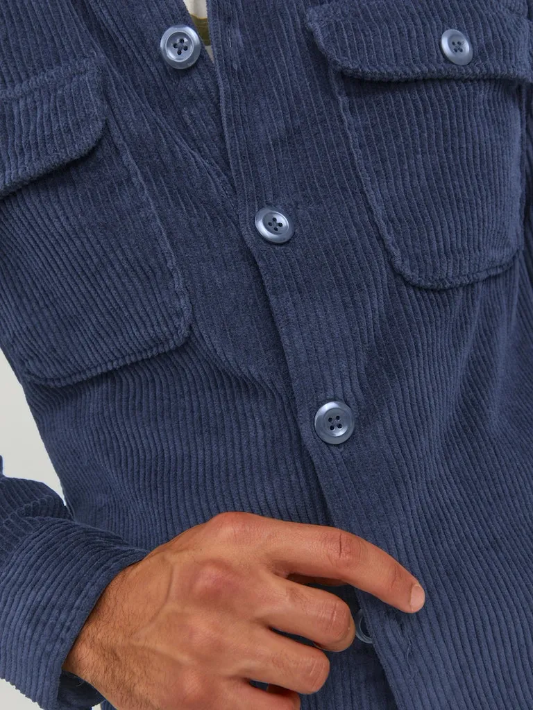 Jack & Jones Navy Corduroy Button Up Over Shirt With Front Chest Pockets