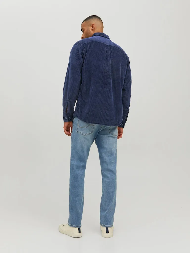 Jack & Jones Navy Corduroy Button Up Over Shirt With Front Chest Pockets