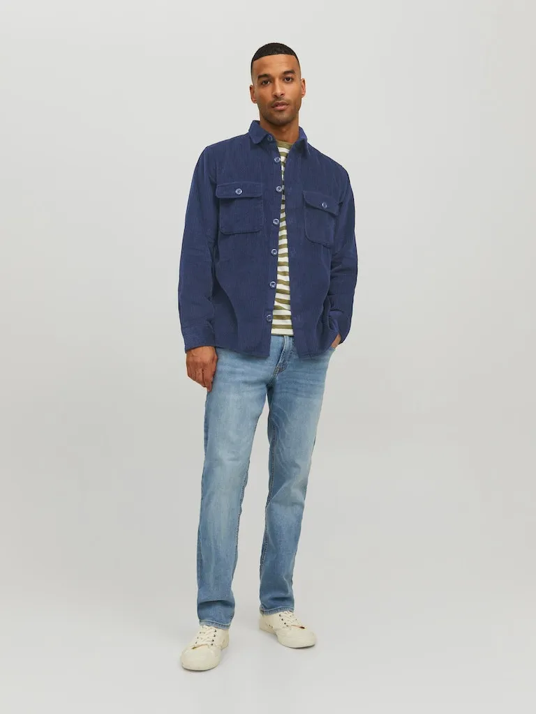 Jack & Jones Navy Corduroy Button Up Over Shirt With Front Chest Pockets