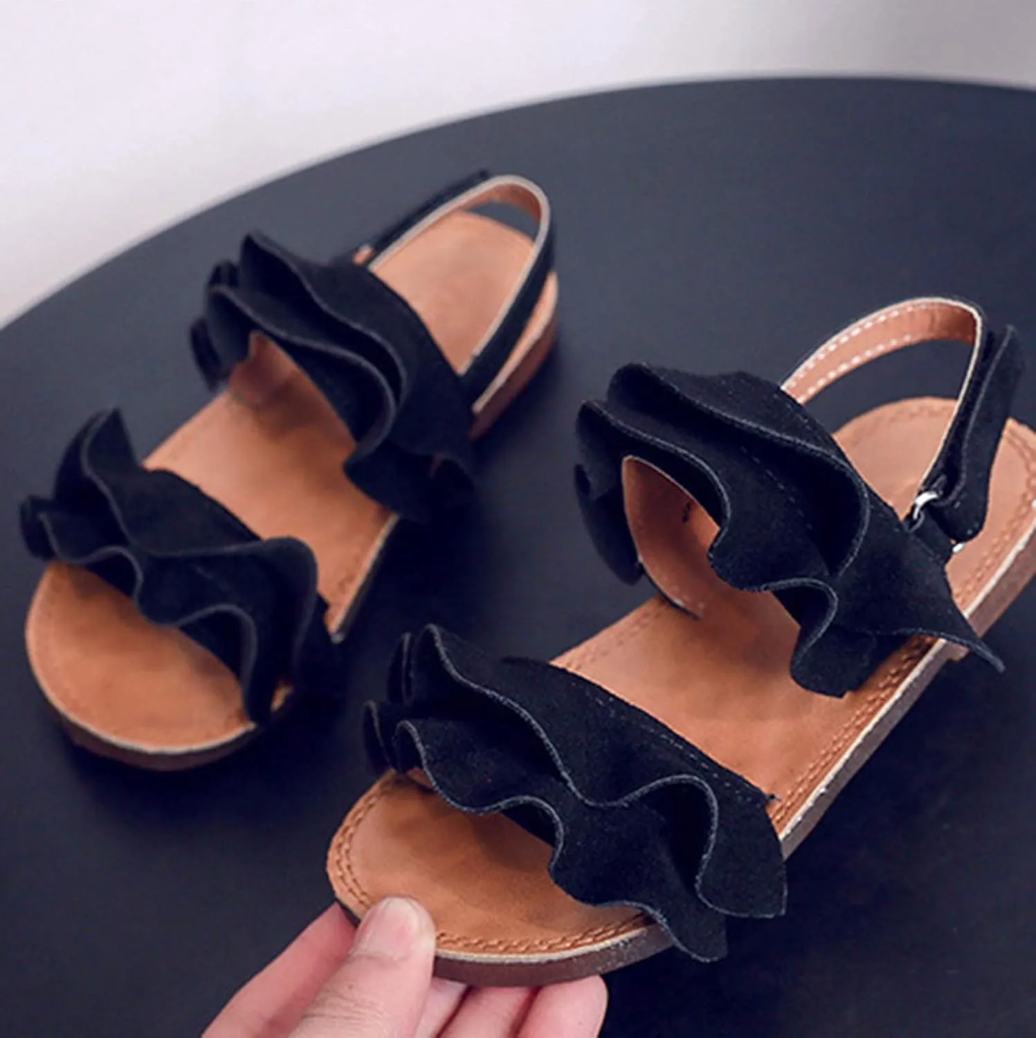 Kids Girls Ruffle Sandals Anti-Slip Open Toe Breathable Outdoor Beach Plat Shoes Slip On Slippers Girls Sandals