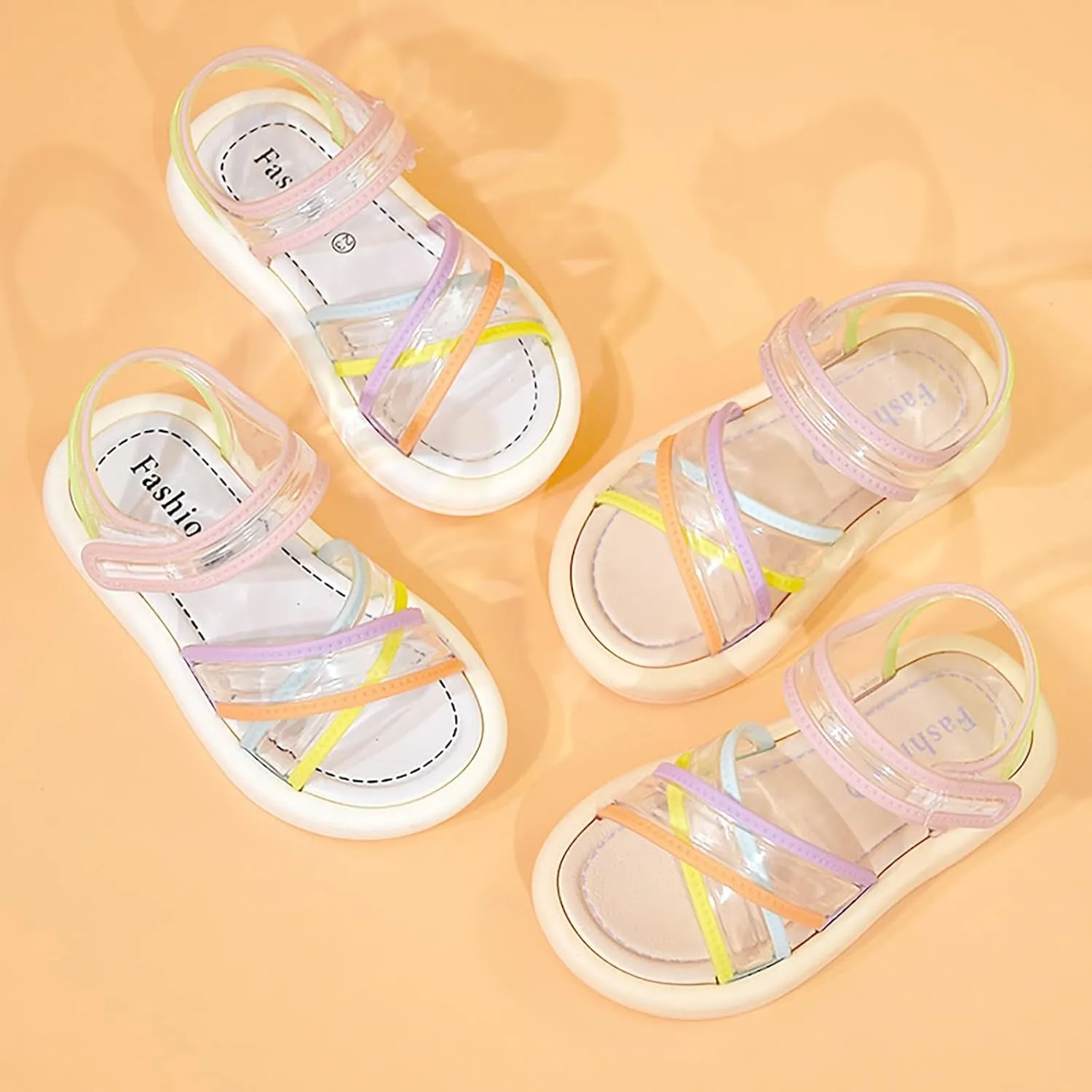 Kids Girls Sandals Transparent Colorful Straps PVC Soft Bottom Anti Slip Sandals Open Toe Beach Daily Casual Shoes