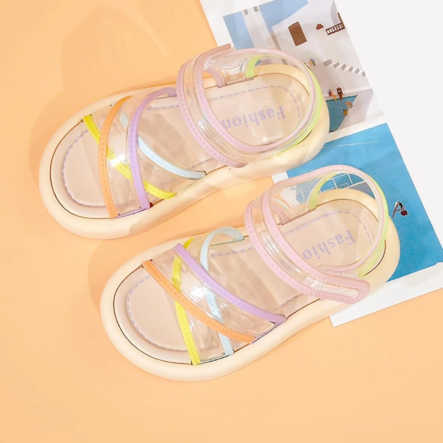Kids Girls Sandals Transparent Colorful Straps PVC Soft Bottom Anti Slip Sandals Open Toe Beach Daily Casual Shoes