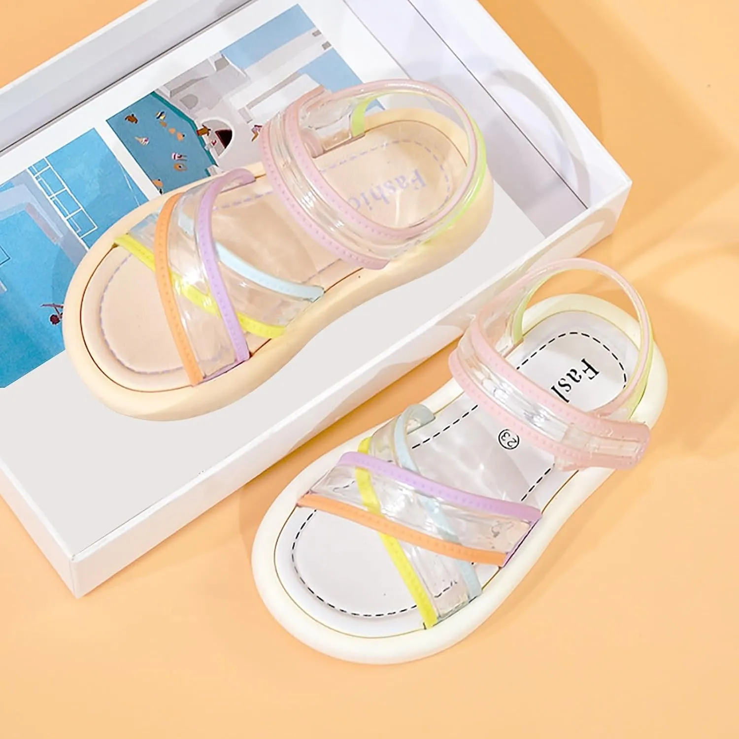 Kids Girls Sandals Transparent Colorful Straps PVC Soft Bottom Anti Slip Sandals Open Toe Beach Daily Casual Shoes