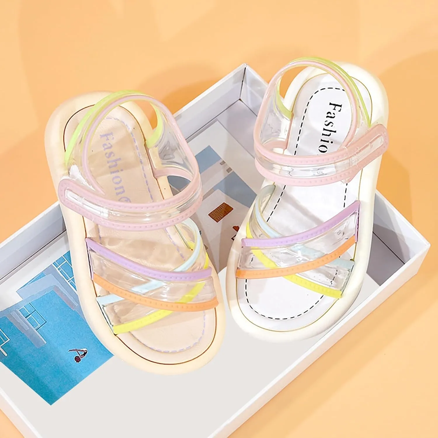 Kids Girls Sandals Transparent Colorful Straps PVC Soft Bottom Anti Slip Sandals Open Toe Beach Daily Casual Shoes