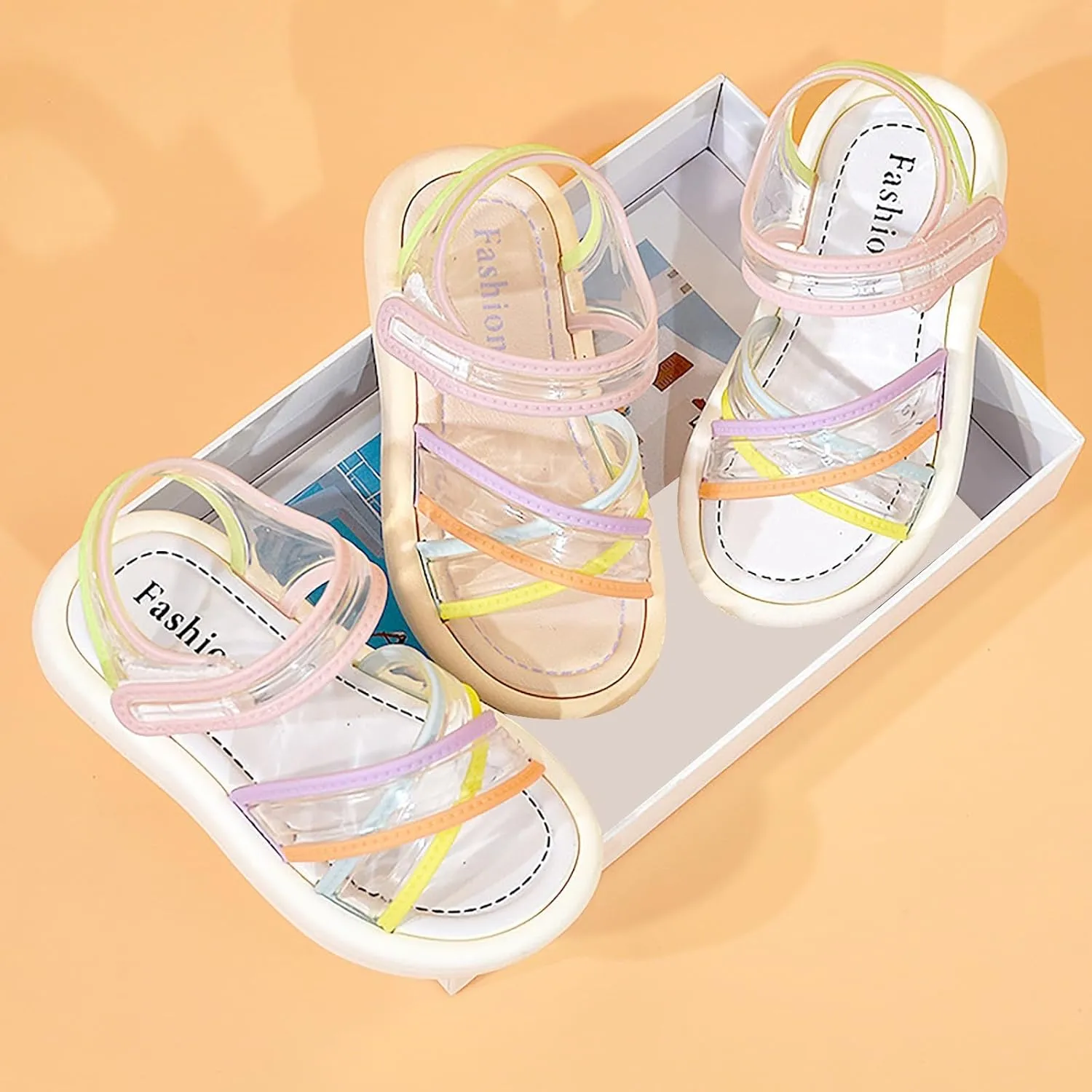 Kids Girls Sandals Transparent Colorful Straps PVC Soft Bottom Anti Slip Sandals Open Toe Beach Daily Casual Shoes