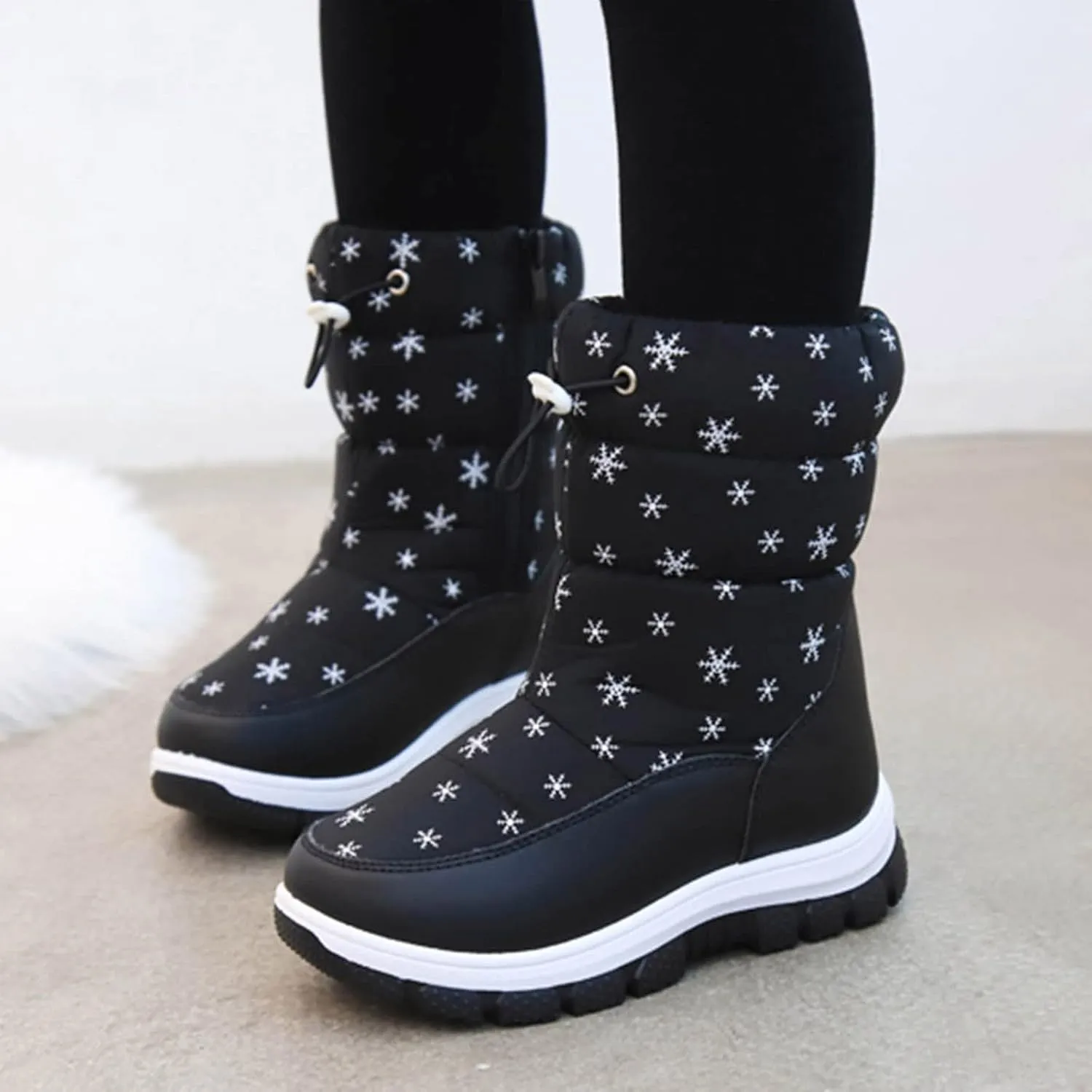 Kids Winter Thick Snowflake Snow Boots Boys Girls Soles Non Slip Mid Calf Booties Big Child Warm Hiking Shoes