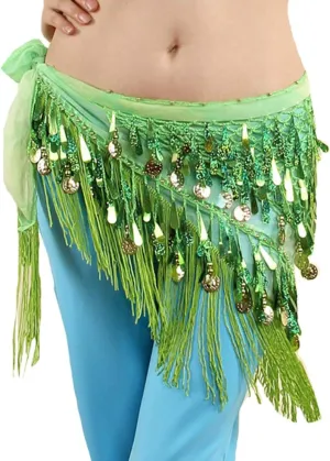 Lauthen.S Belly Dance Hip Scarf with Tassels Sequins, Triangle Coins Wrap Skirt Music Festival Clothing