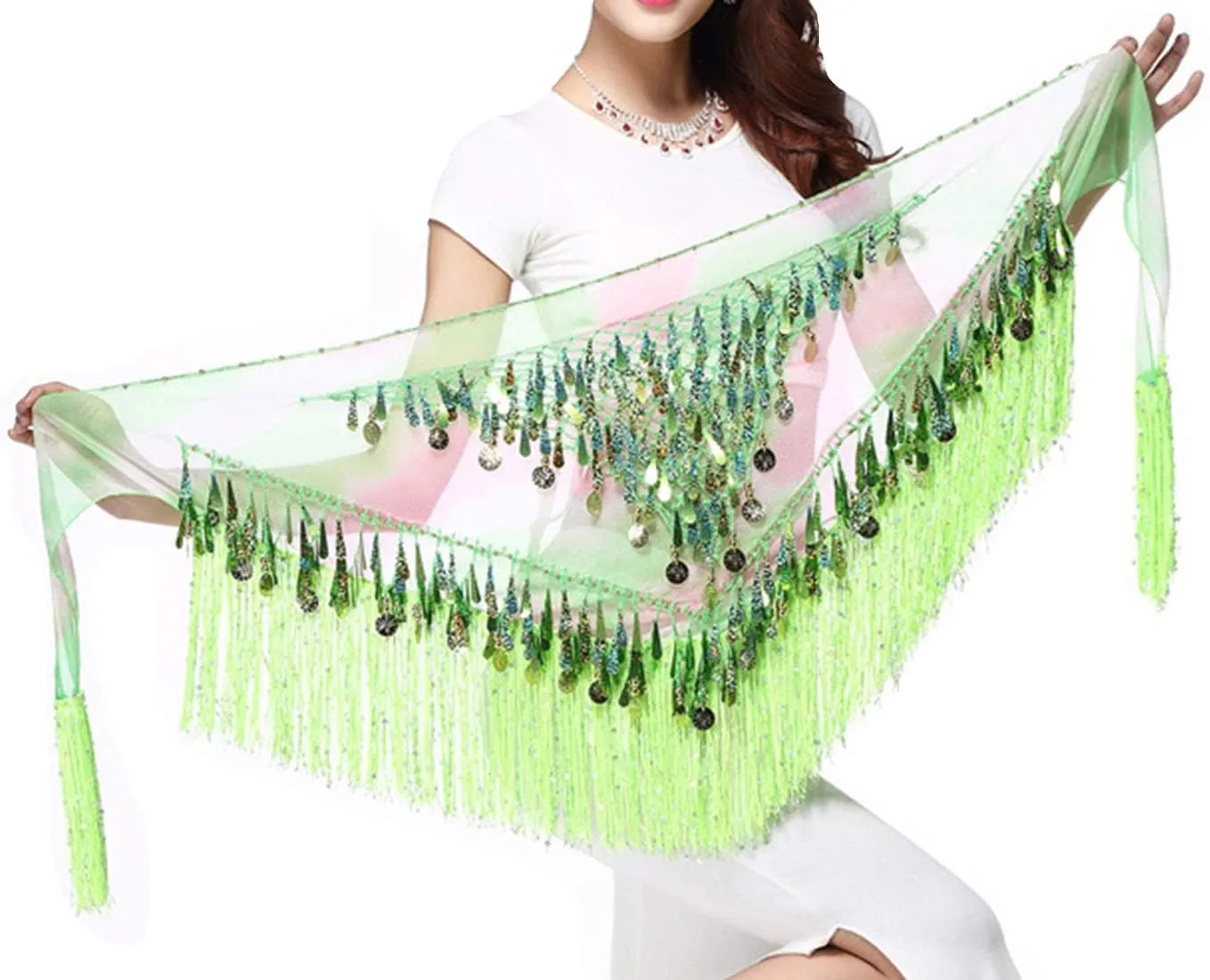 Lauthen.S Belly Dance Hip Scarf with Tassels Sequins, Triangle Coins Wrap Skirt Music Festival Clothing