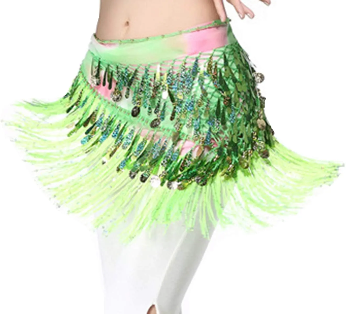 Lauthen.S Belly Dance Hip Scarf with Tassels Sequins, Triangle Coins Wrap Skirt Music Festival Clothing