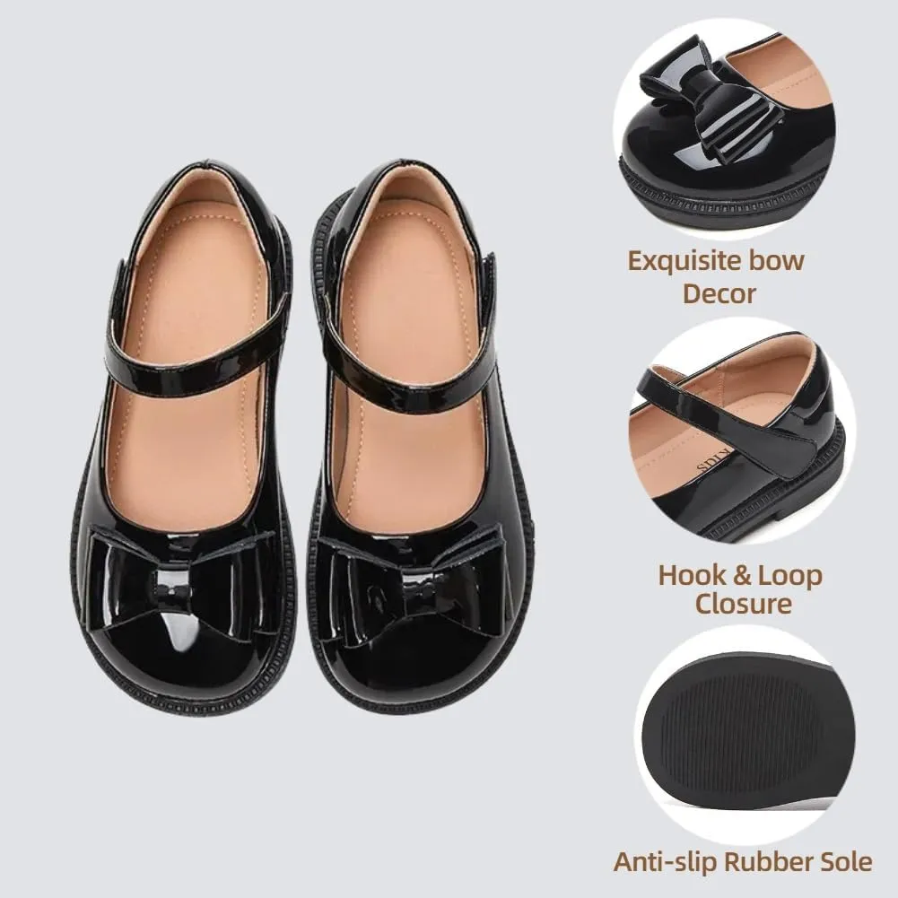 Little Girls Bow Mary Jane Flats Black School Uniform Oxford Dress Shoes for Toddler/Little Kid