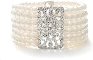 Mariell Ivory Pearl and Crystal Stretch Cuff Bracelet, Medium Size 6" to 7" Fits Most Wrists, Simulated Pearls, Vintage Design Bracelet for Brides, Weddings, Mother of The Bride
