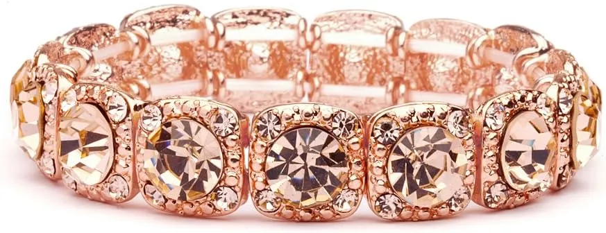 Mariell Pink Rose Gold Crystal Stretch Bracelet, Adjustable Bangle for Weddings, Prom, Bridesmaids, Gift