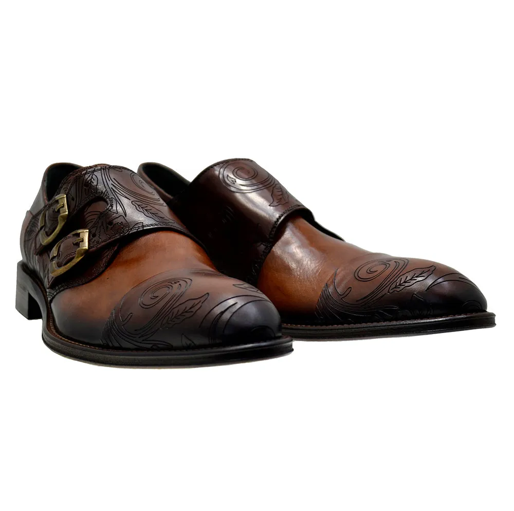 Men's Italian Shoes Jo Ghost 3000 Brown Leather Embroidery Monk Shoes