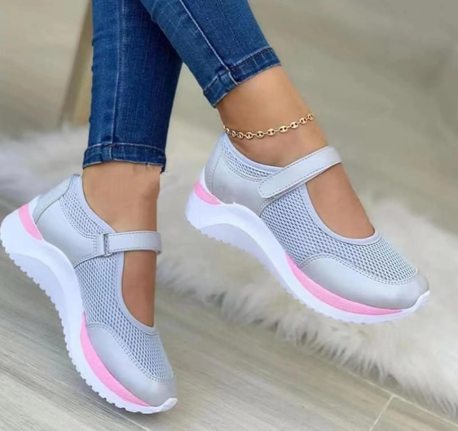oiangi Walking Shoes Women Dressy Summer Platform Round Toe Breathable Mesh Hook and Loop Sandals Comfortable Outdoor Ladies Casual Non-Slip Sneakers
