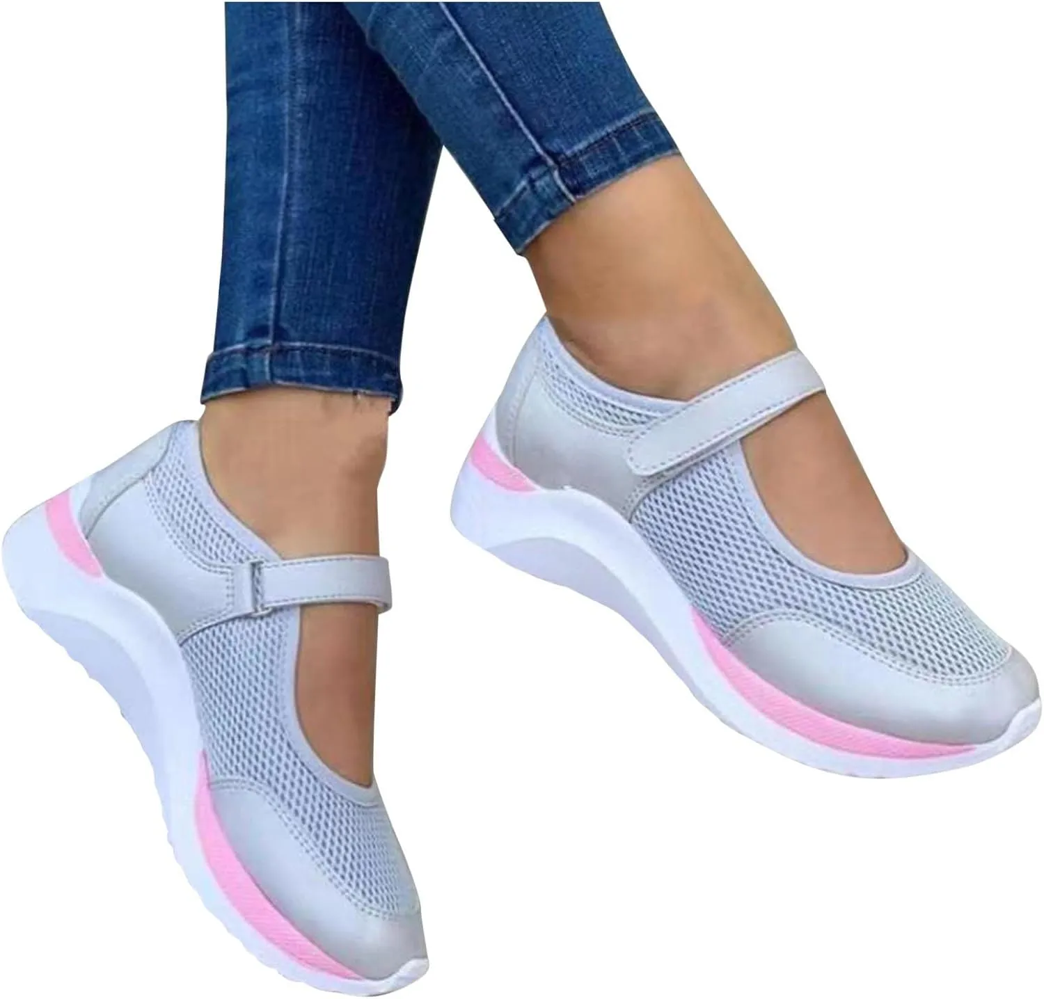 oiangi Walking Shoes Women Dressy Summer Platform Round Toe Breathable Mesh Hook and Loop Sandals Comfortable Outdoor Ladies Casual Non-Slip Sneakers