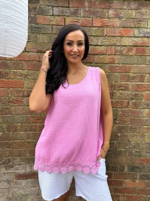 Pink Crochet Detail Bubble Cotton Vest Alison