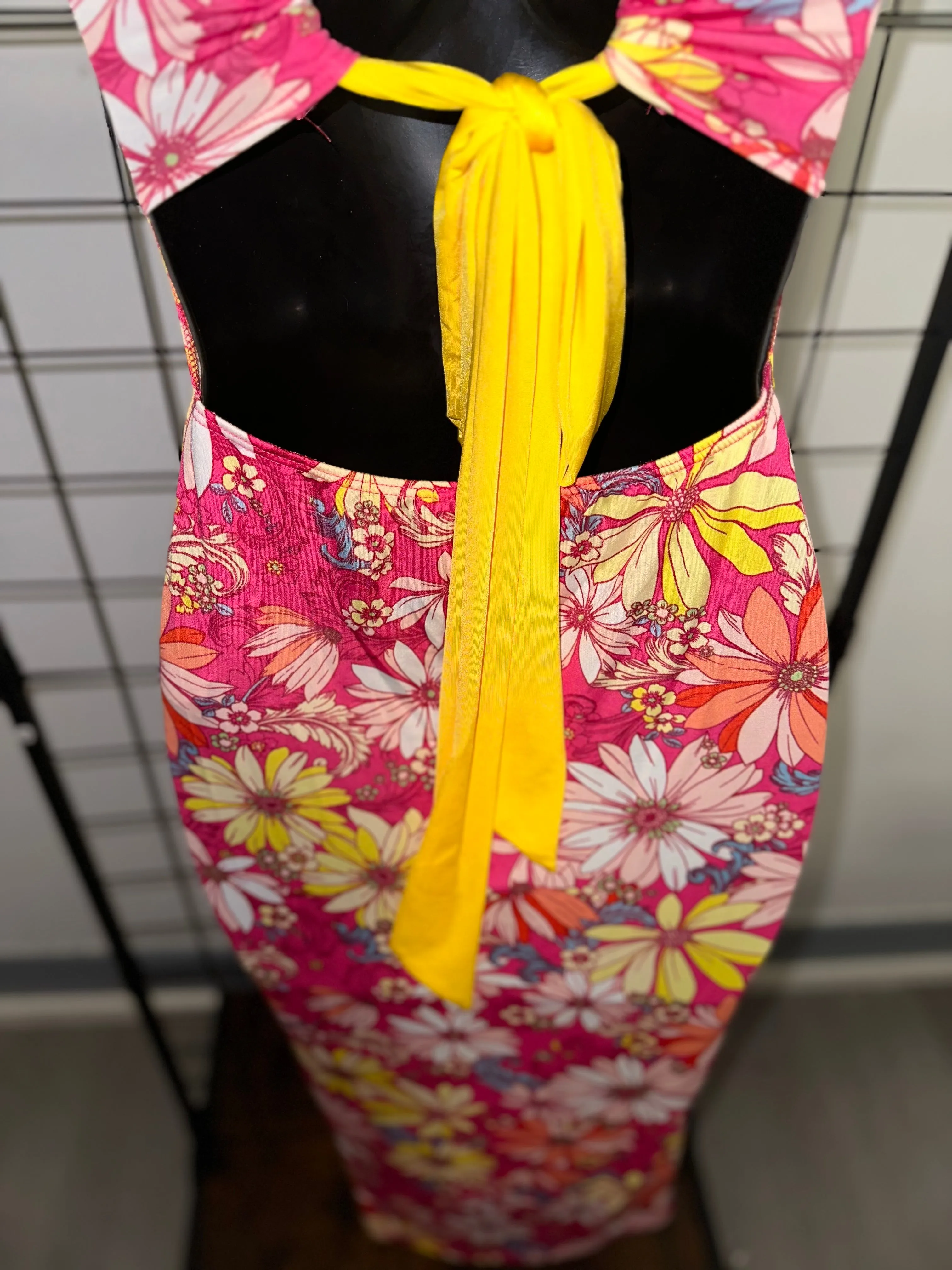 Pink Floral Cutie Dress Tank Top Open Back Self Tie Midi Maxi Dress