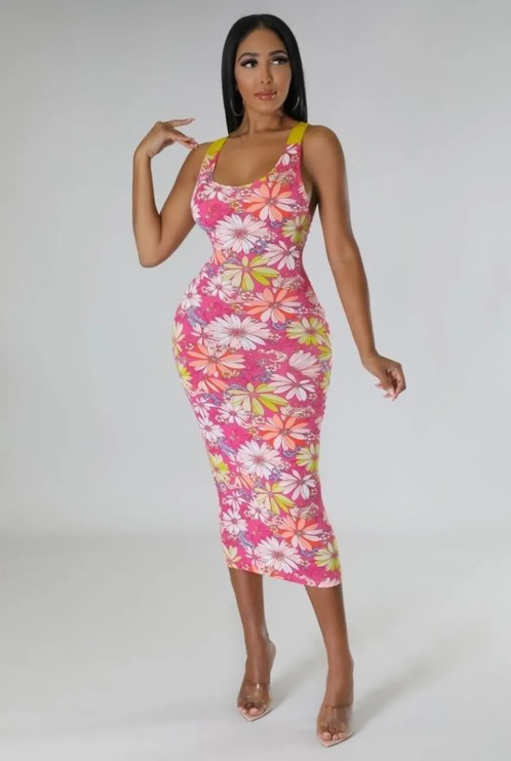 Pink Floral Cutie Dress Tank Top Open Back Self Tie Midi Maxi Dress