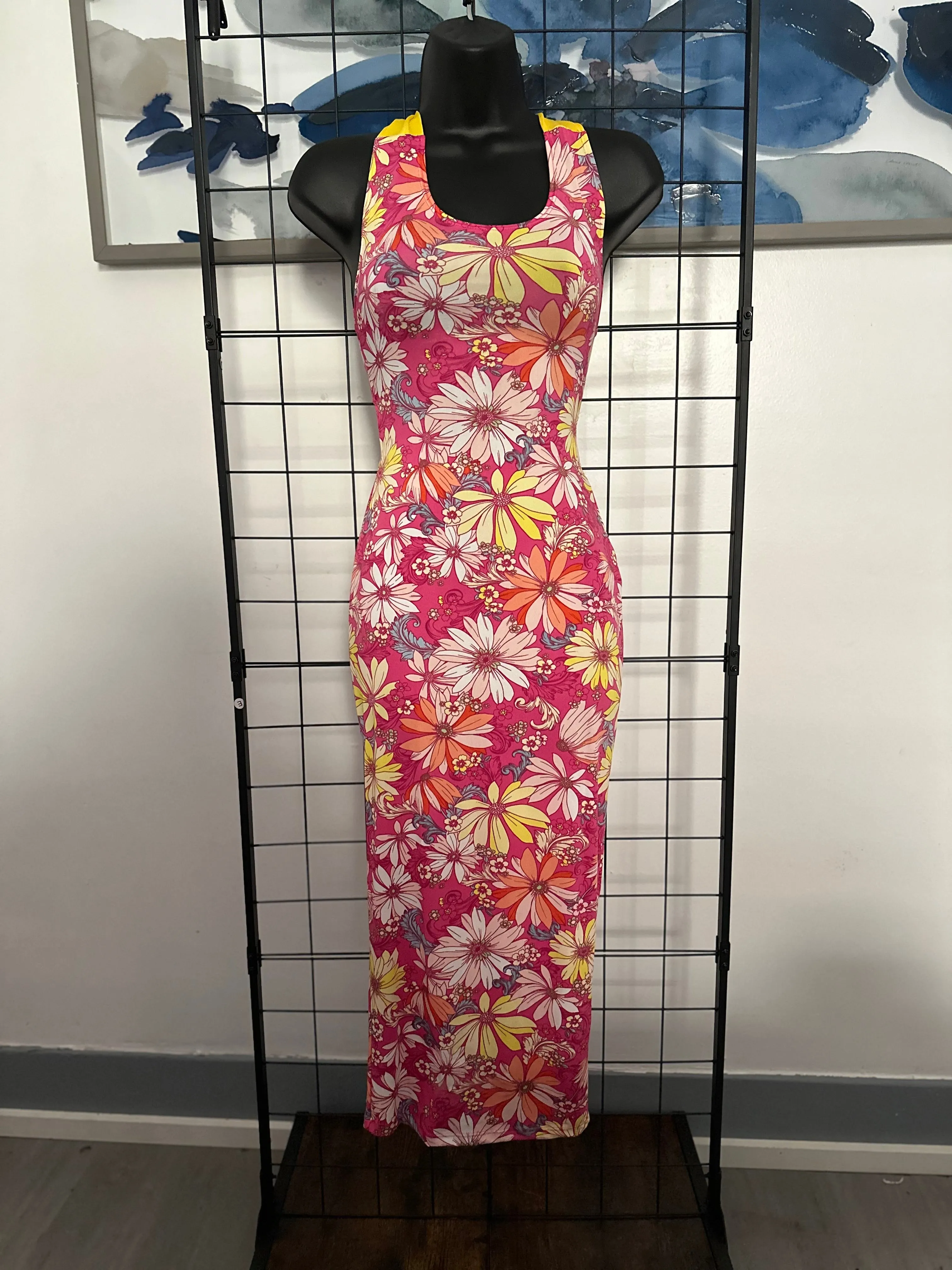 Pink Floral Cutie Dress Tank Top Open Back Self Tie Midi Maxi Dress