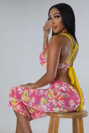 Pink Floral Cutie Dress Tank Top Open Back Self Tie Midi Maxi Dress