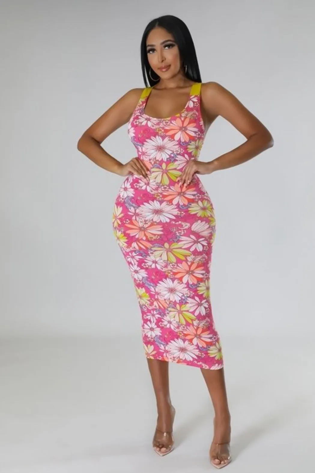 Pink Floral Cutie Dress Tank Top Open Back Self Tie Midi Maxi Dress