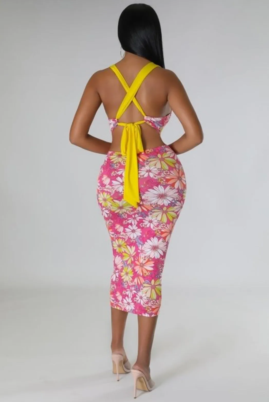 Pink Floral Cutie Dress Tank Top Open Back Self Tie Midi Maxi Dress