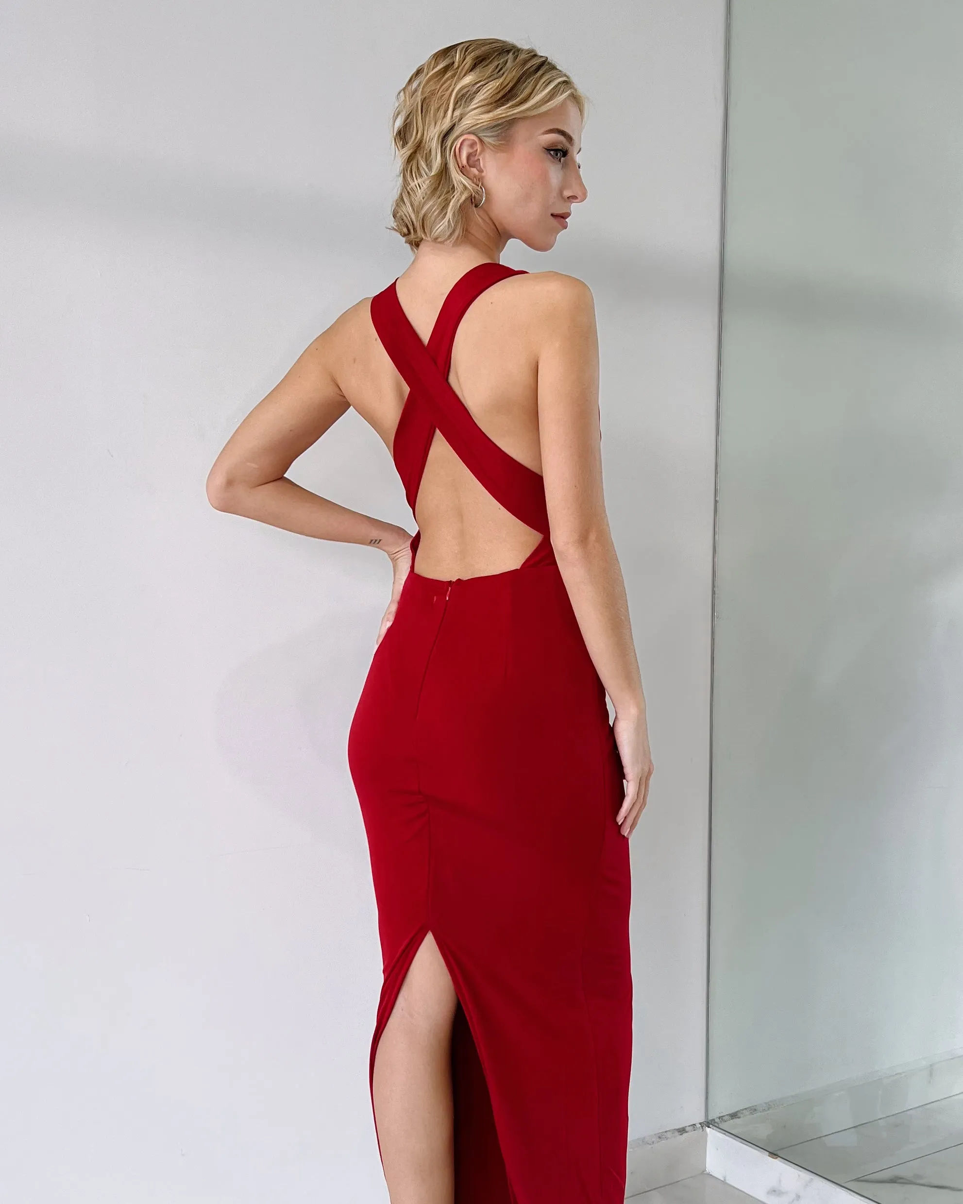 Red Open Back Midi Dress