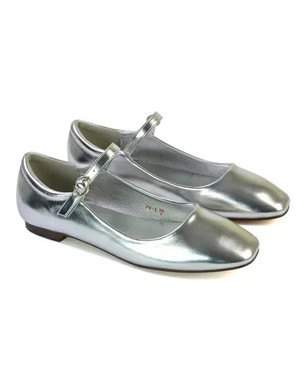 Reigan Mary Jane Square Toe Buckle Up Strappy Flats Ballerina Pumps in Silver