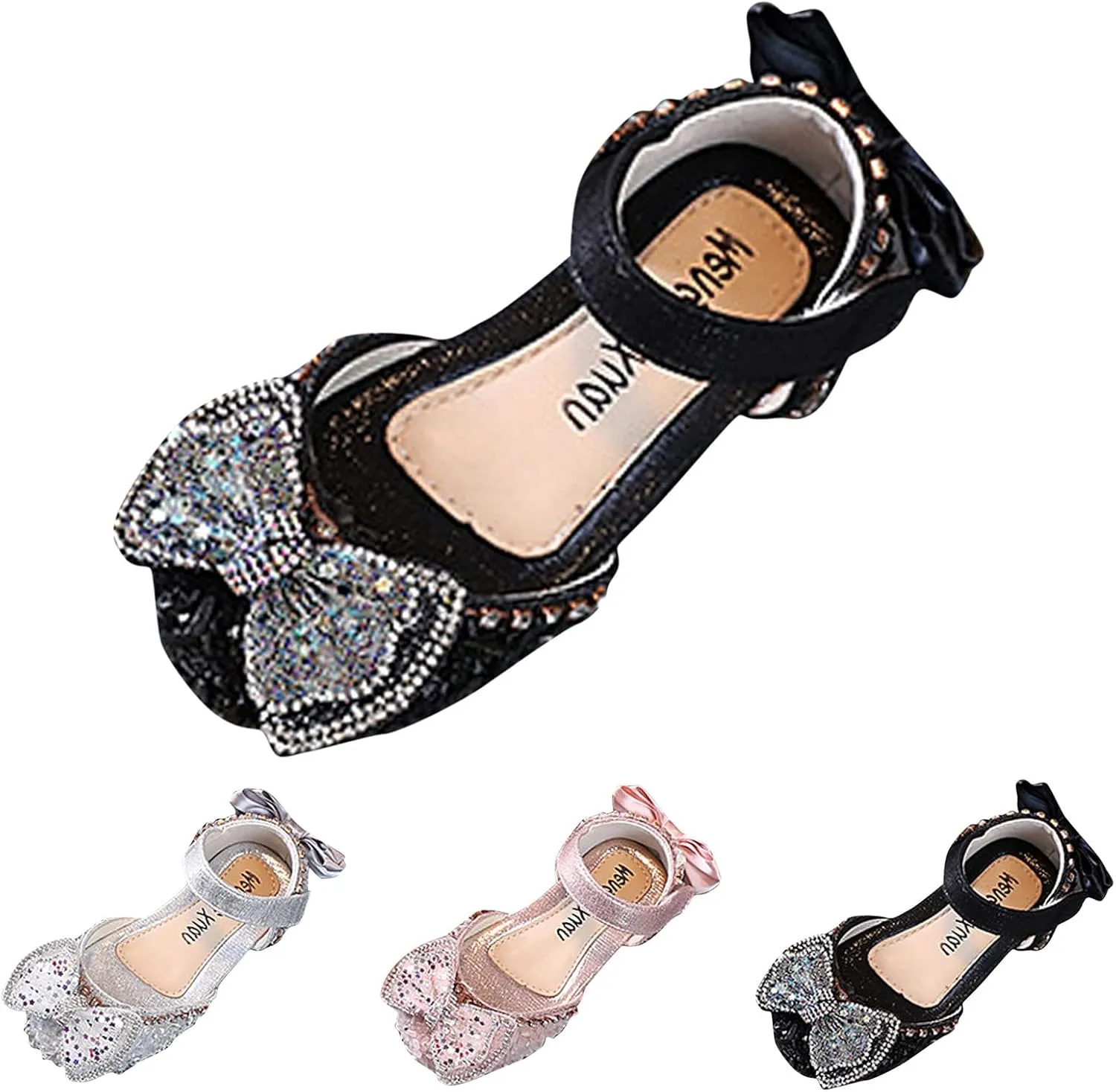 Sequin Princess Shoes for Kids, Girls Bowknot Flat Dress Shoes, Princess Bridesmaid Flower Girl Mary Jane Sandals