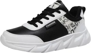 Slip on Walking Shoes Women Comfy PU Leather Non Slip Arch Support Running Shoes Breathable Mesh Sports Workout Tennis Shoes Fashion Lace Up Sneakers