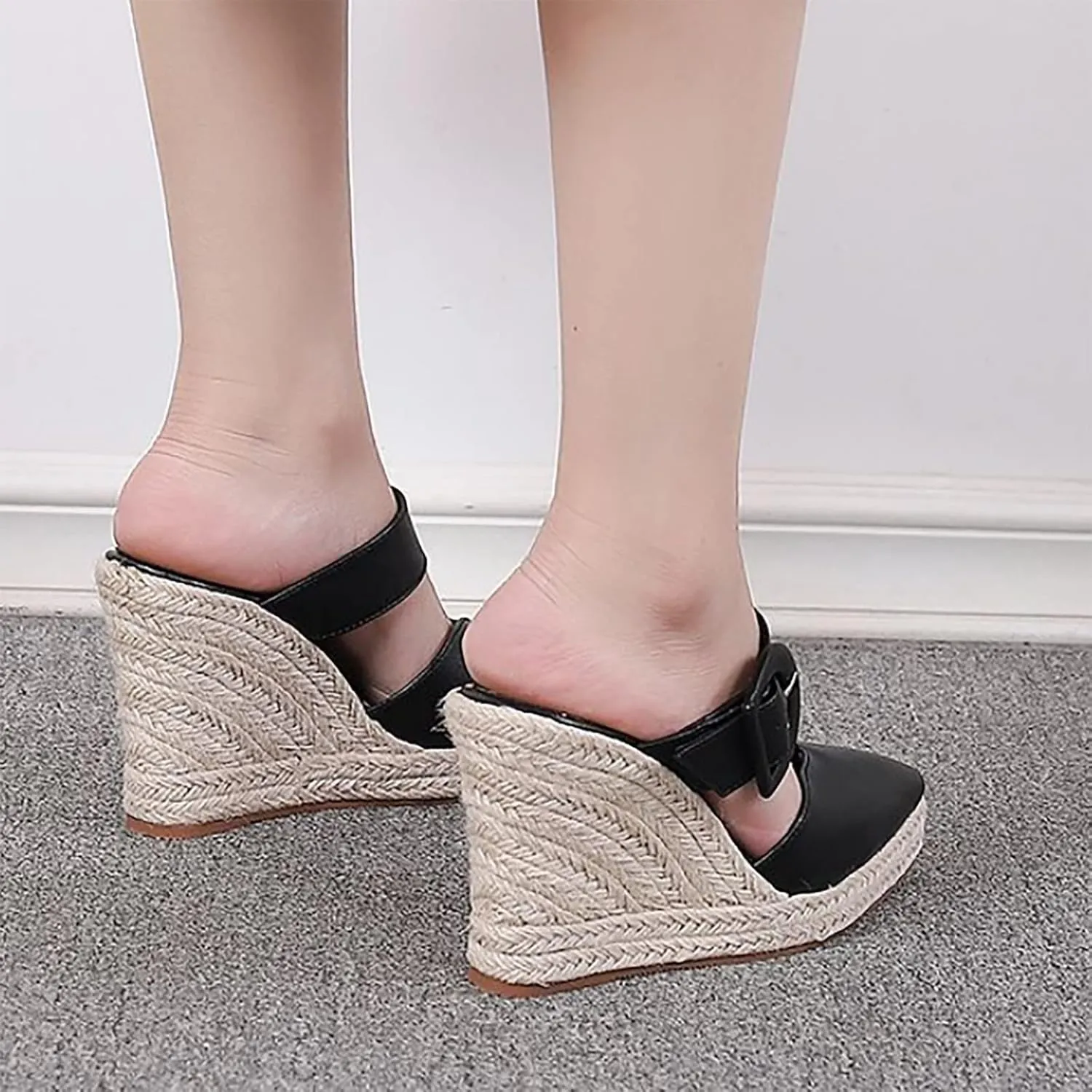 Thick Sole Wedge Slippers Women Summer Heel Straw Woven Casual Pointed Fisherman Shoes Mens Leather Open Toe