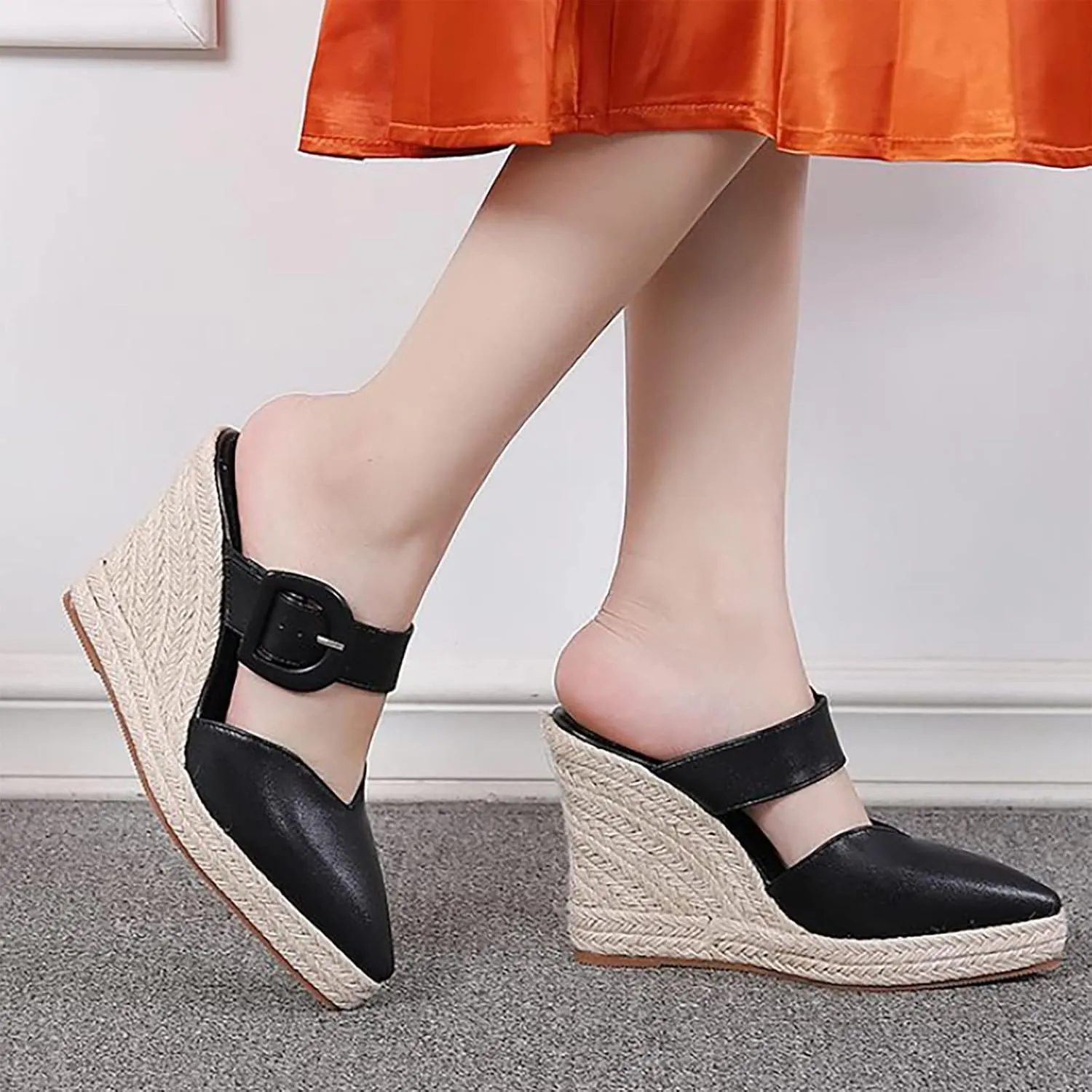 Thick Sole Wedge Slippers Women Summer Heel Straw Woven Casual Pointed Fisherman Shoes Mens Leather Open Toe