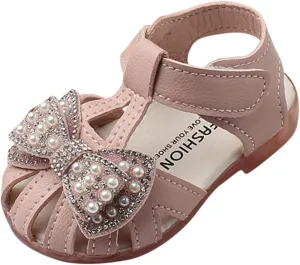 Toddlers Girls Closed Toe Bowknot Sandals Leather Soft Flat Shoes Baby Infant First Girls Dress Sandals Formal Shoes