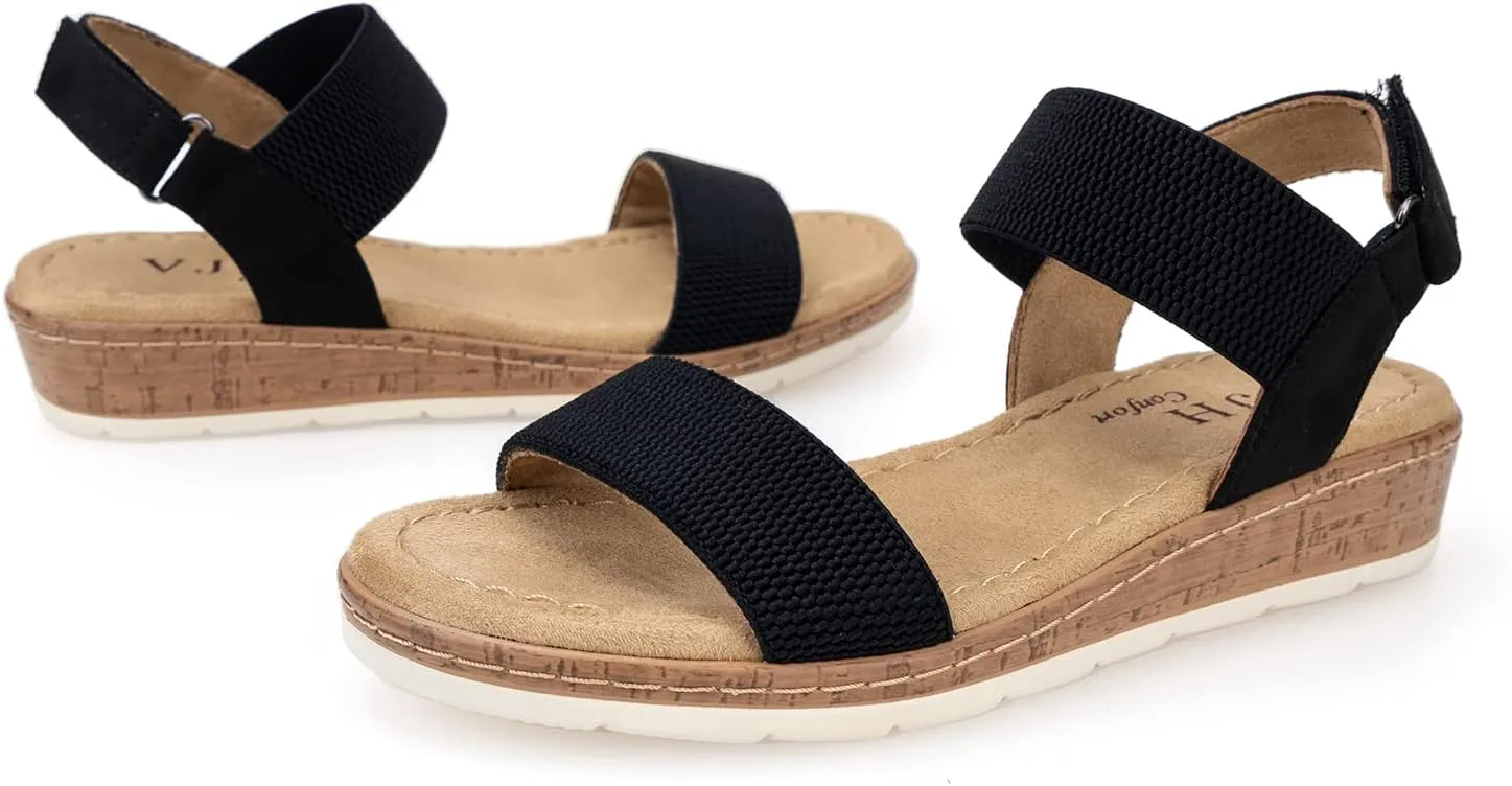 VJH confort Womens Flat Sandals Open Toe Elastic Ankle Strap Slip on Comfy Low Wedge Sandals