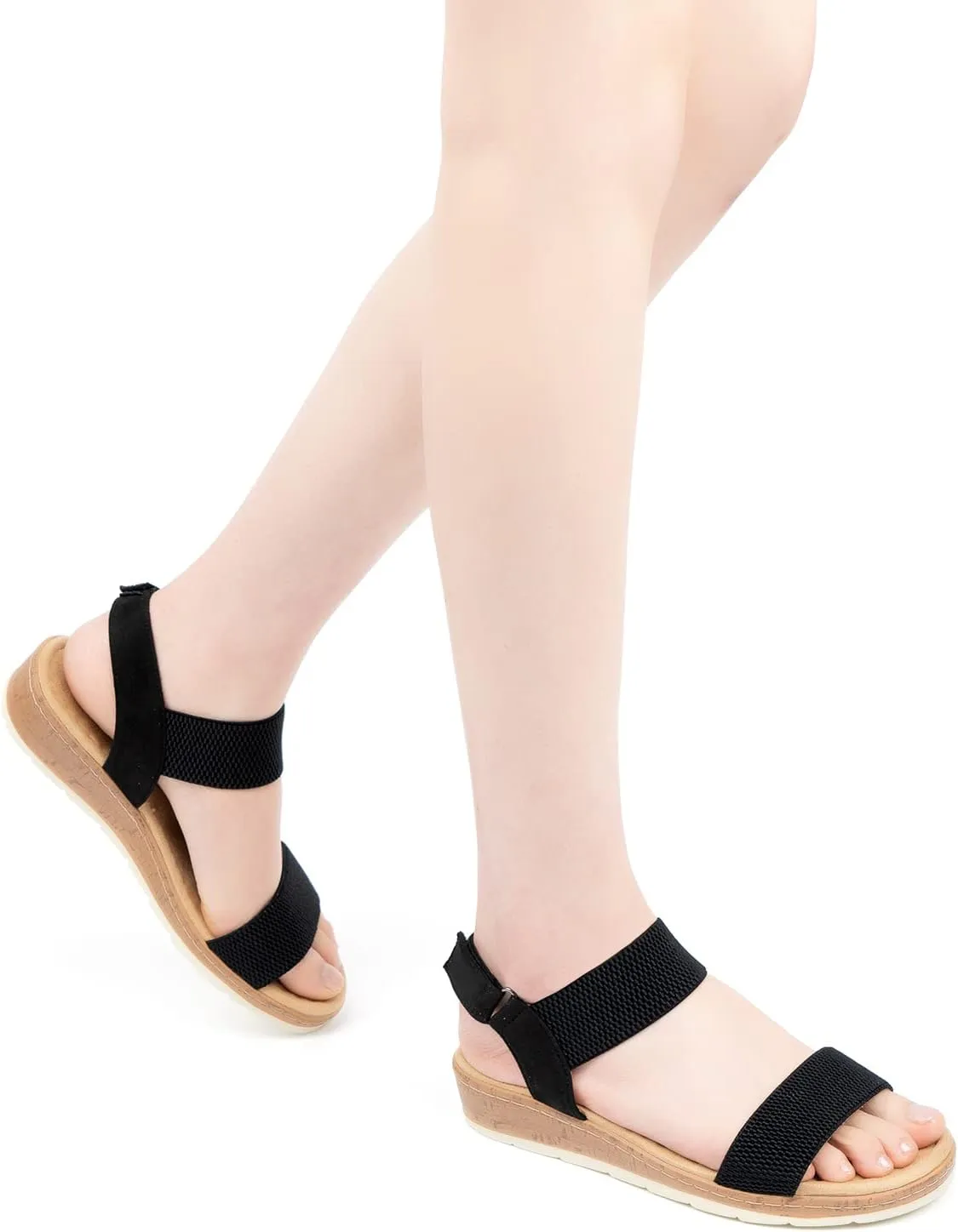 VJH confort Womens Flat Sandals Open Toe Elastic Ankle Strap Slip on Comfy Low Wedge Sandals
