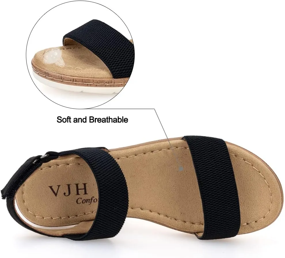 VJH confort Womens Flat Sandals Open Toe Elastic Ankle Strap Slip on Comfy Low Wedge Sandals