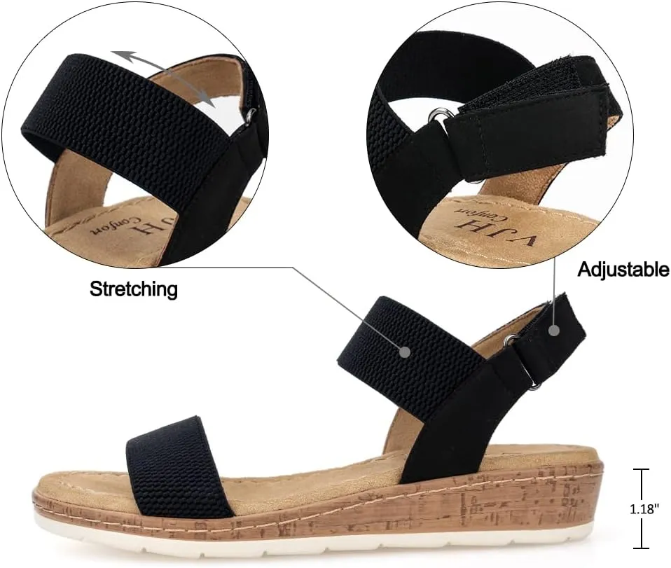 VJH confort Womens Flat Sandals Open Toe Elastic Ankle Strap Slip on Comfy Low Wedge Sandals