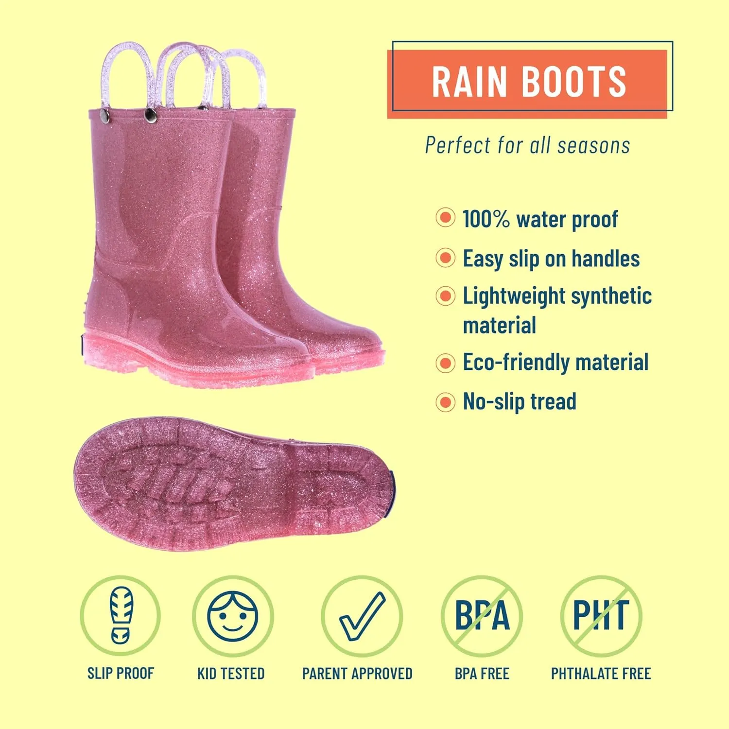 Wildkin Kids Rain Boots  100% Waterproof with Slip-Resistant Tread & Easy Pull Handles