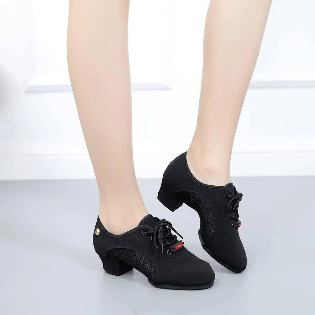 Women's Lace up Latin Dance Practice Shoes Block Heel Canvas Salsa Tango Ballroom Dance Shoes